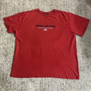 VINTAGE Ralph Lauren Polo Sport T-Shirt Men's XL Red Spell Out USA Flag 90s